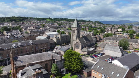 Aerial-View-of-Greenock,-Scotland-UK,-St-John's-Scottish-Episcopal-Church,-Old-Downtown-Buildings-on-SUnny-Day