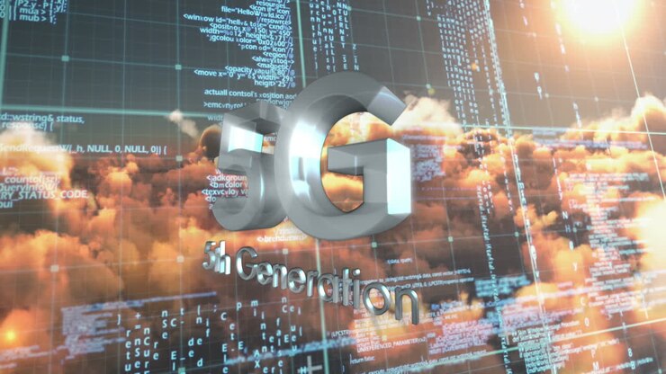 Digitale animatie van 5G-tekst en gegevensverwerking tegen wolken in de ochtendlucht
