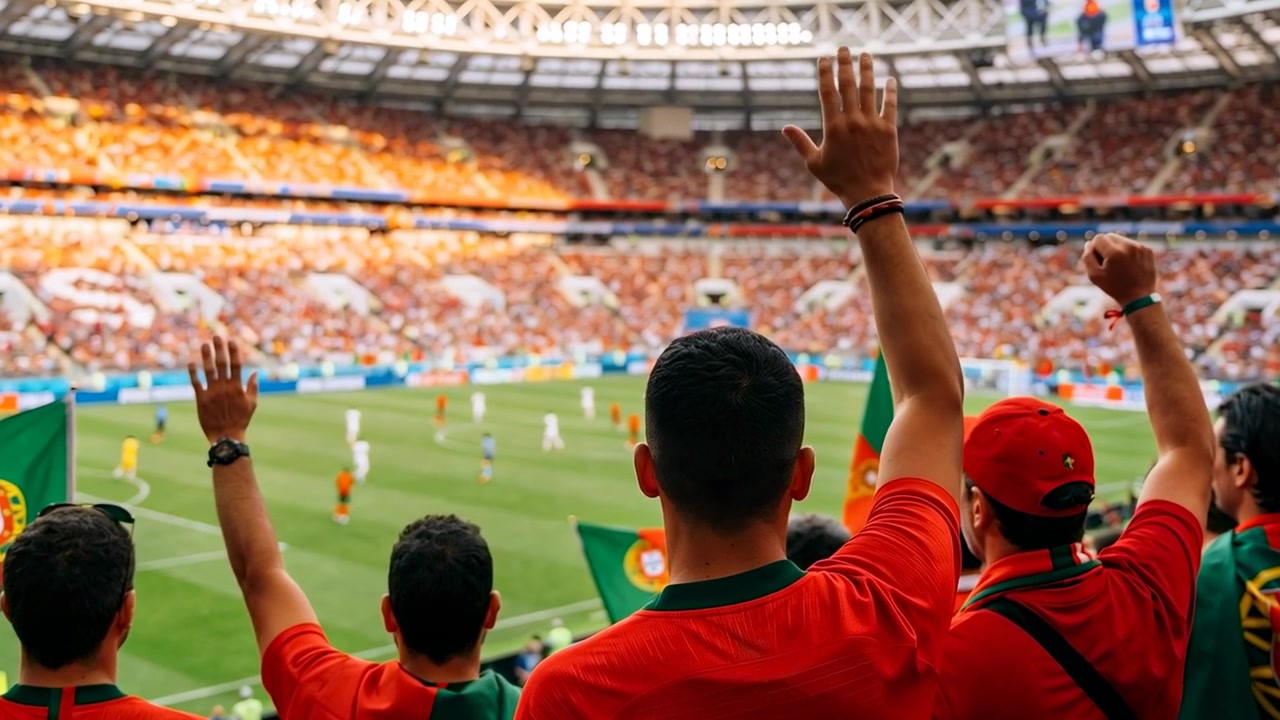 Tifosi del Portogallo esultanti in rosso che alzano le mani nello stadio mentre i giocatori si muovono sul campo, bandiere che sventolano.
