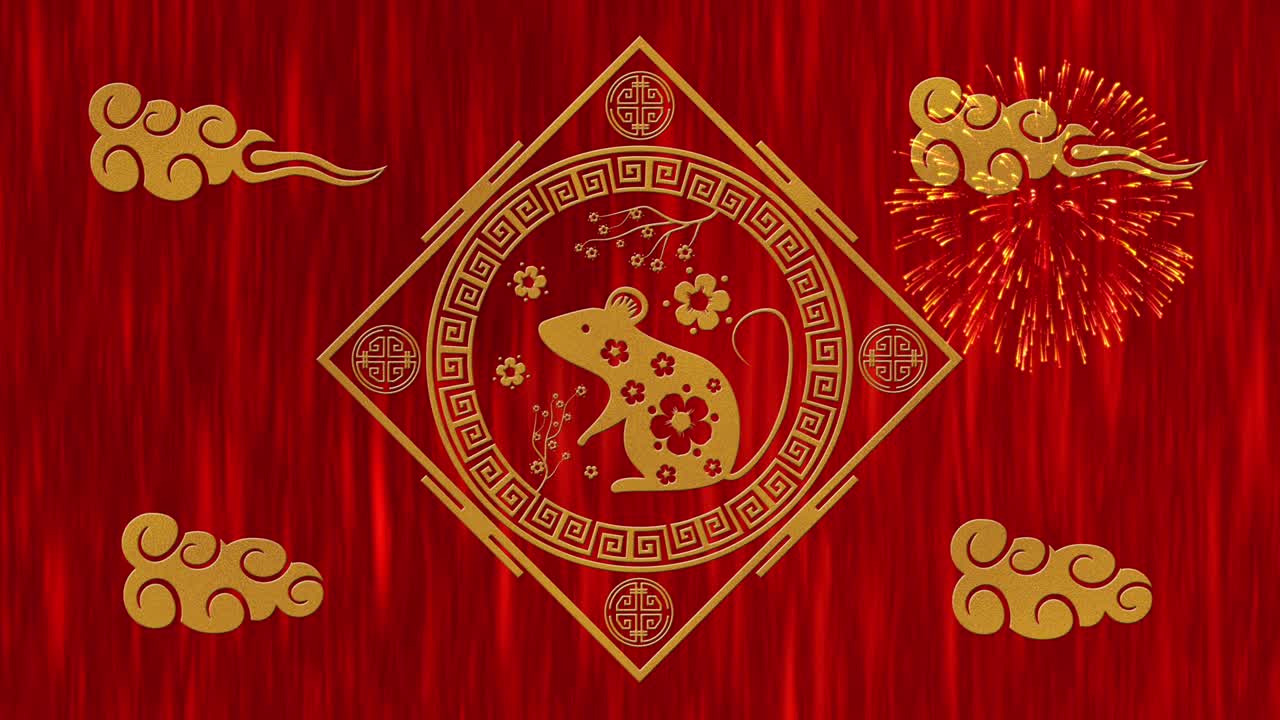 año nuevo lunar, fondo del festival de primavera con rata dorada, fuegos artificiales, estrellas brillantes y nubes. año nuevo chino telón de fondo de papel rojo para el evento de vacaciones. animación de renderización 3d bucle sin costuras 4k video