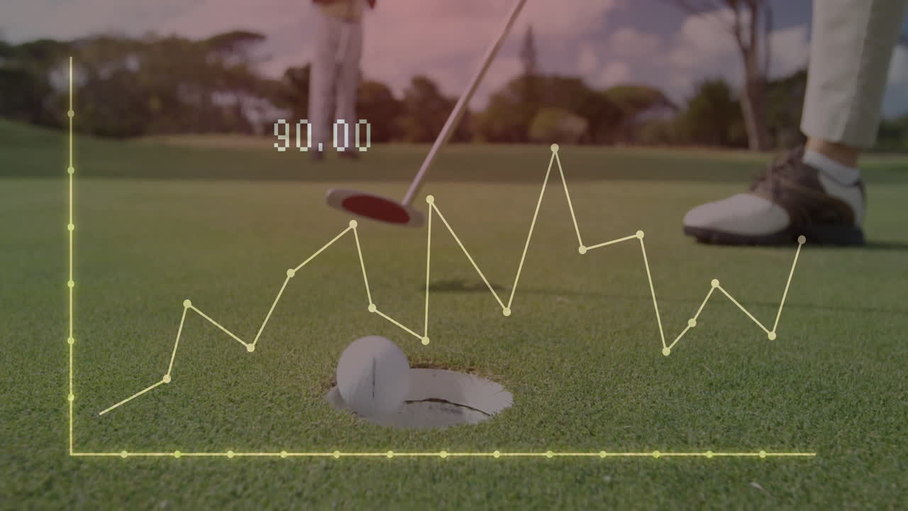 Animation overlay of fluctuating data graph on golf ball near hole on course