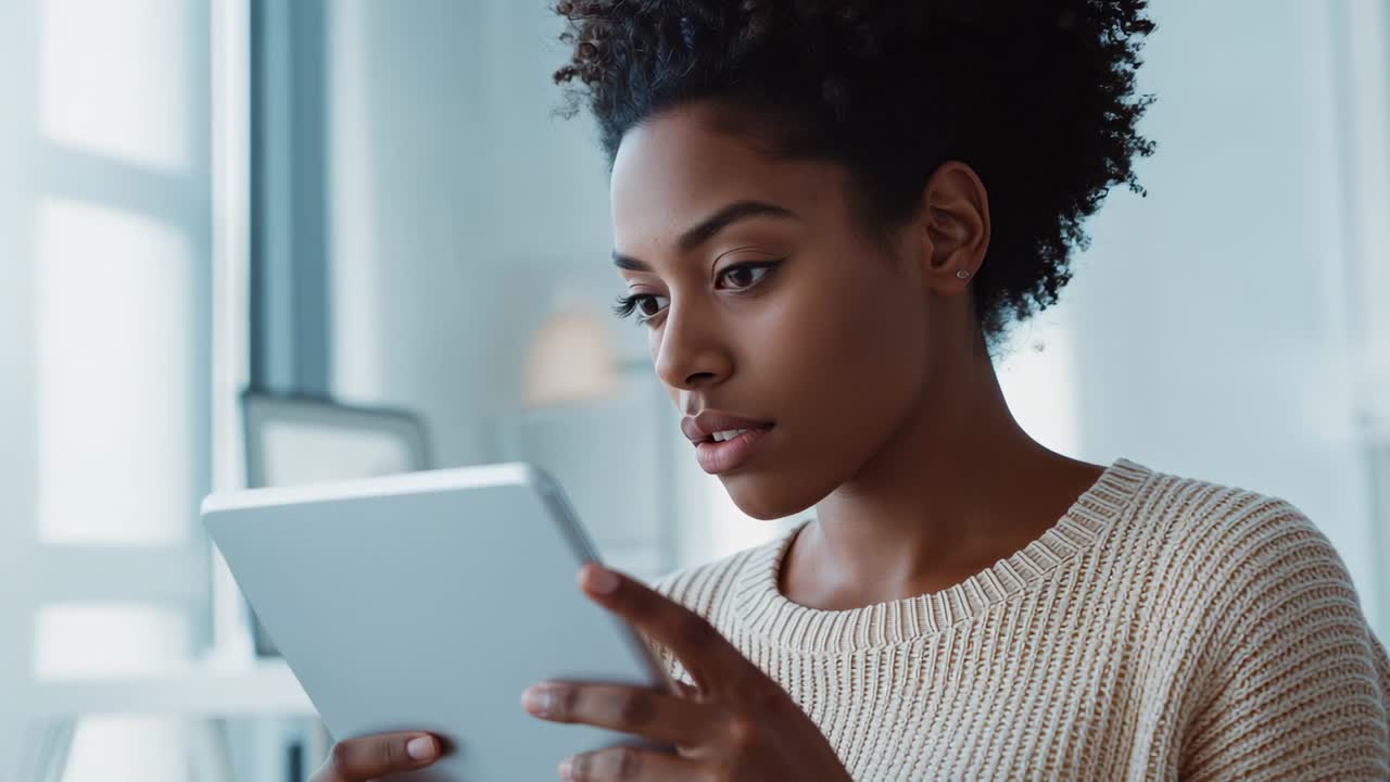 Opening scene showing woman adjusting tablet angle at office, reducing glass partition reflections