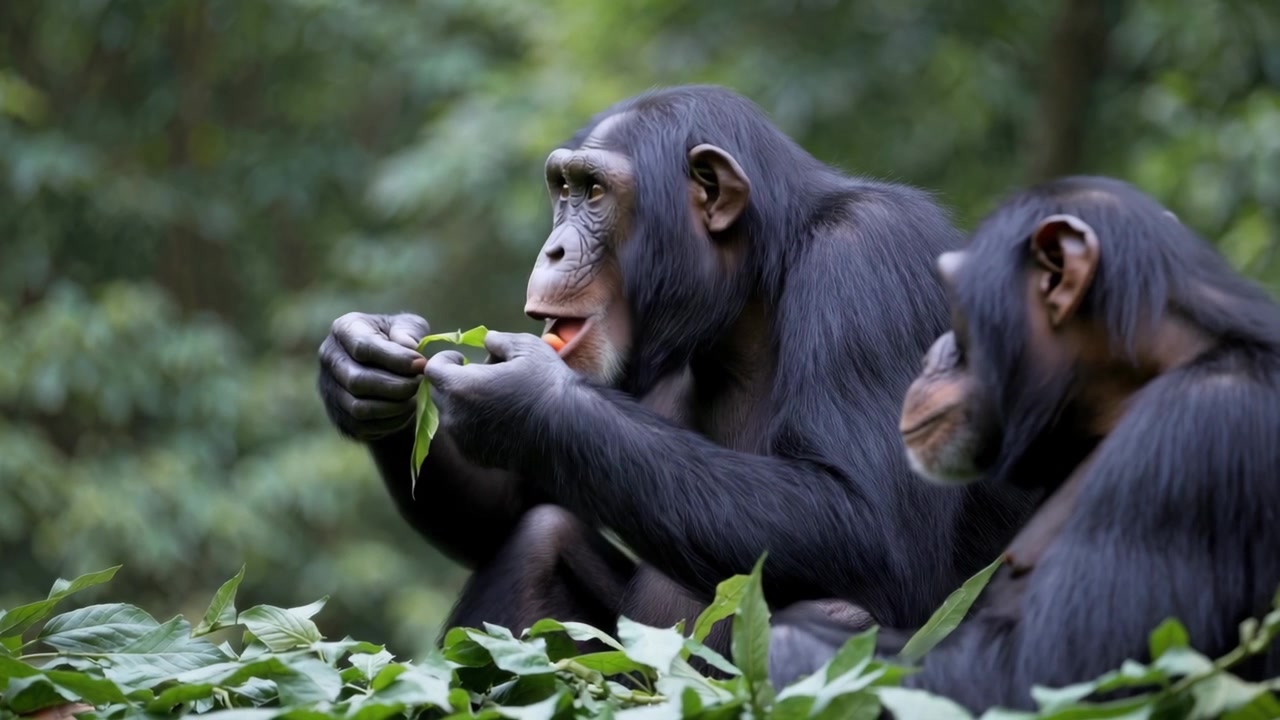 Due scimpanzé seduti a mangiare foglie in una foresta lussureggiante