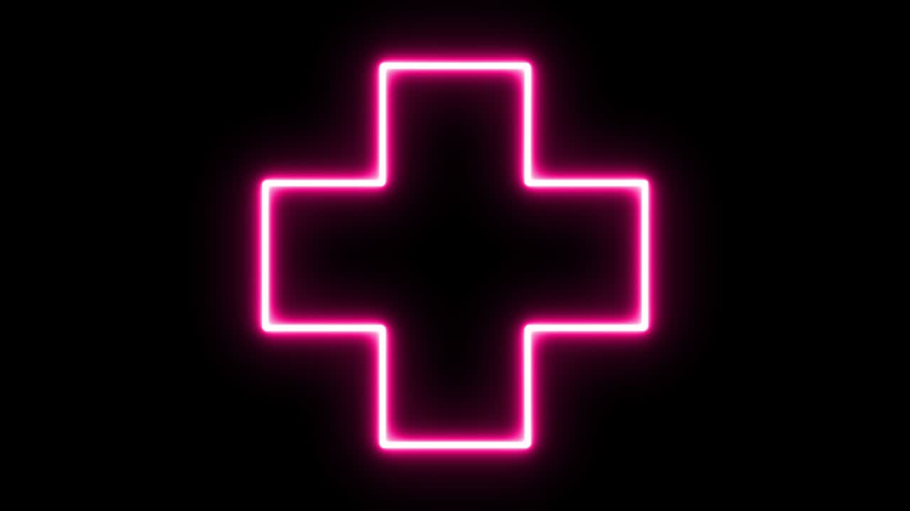 Neon red line cross hospital medical icon.