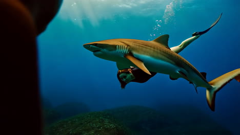 person with a shark body swimming underwater