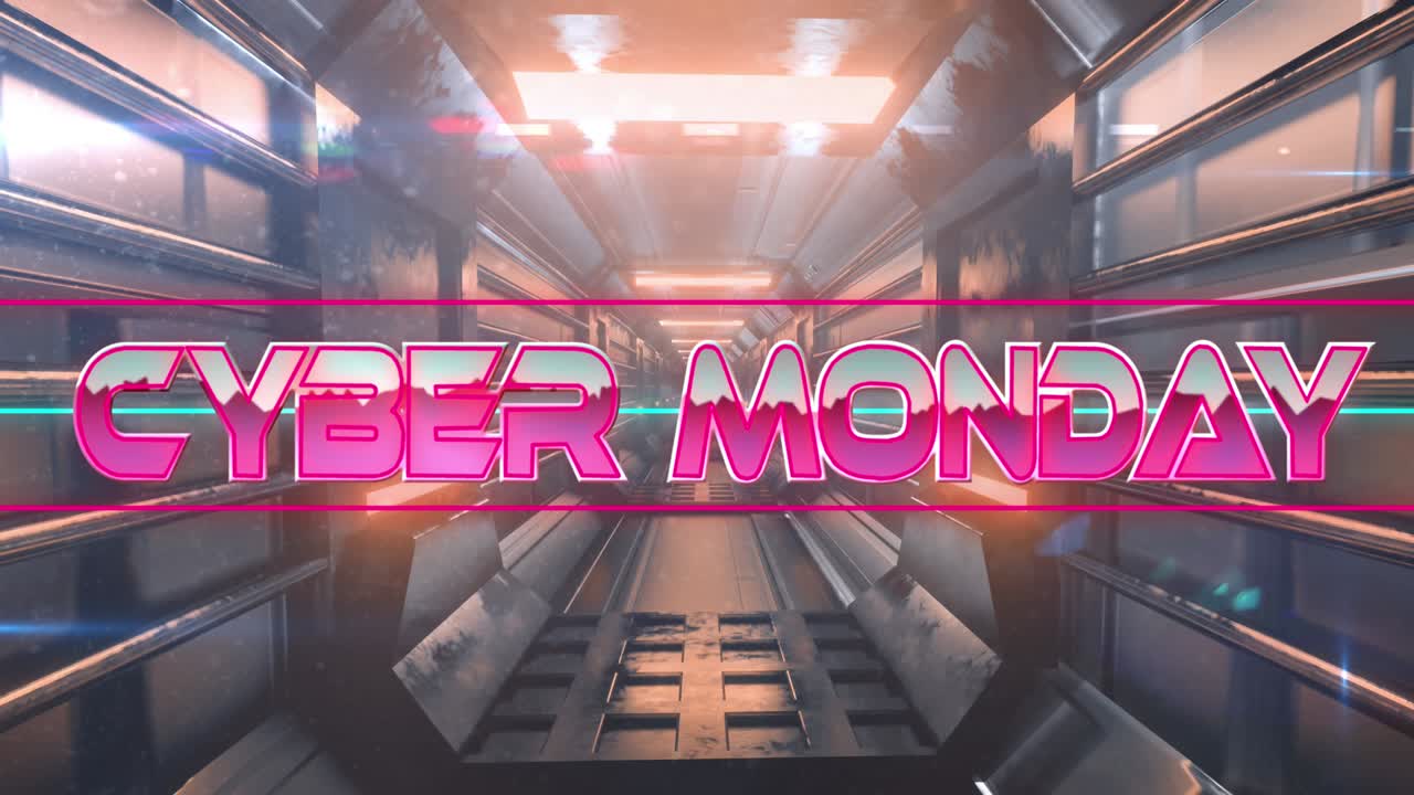Animazione del testo 'Cyber Monday' su tunnel digitale in movimento
