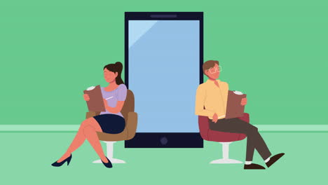 pareja de psicólogos en una cita en línea con un teléfono inteligente