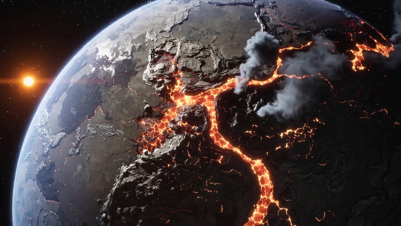 Zoomende Kamera zeigt einen erdähnlichen Planeten aus dem Orbit, der Lava ausgießt und Rauch aus Öffnungen sendet.