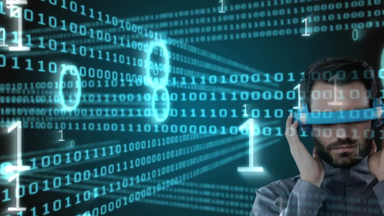 procesamiento de datos de codificación binaria sobre un hombre caucásico que lleva gafas vr contra un fondo negro