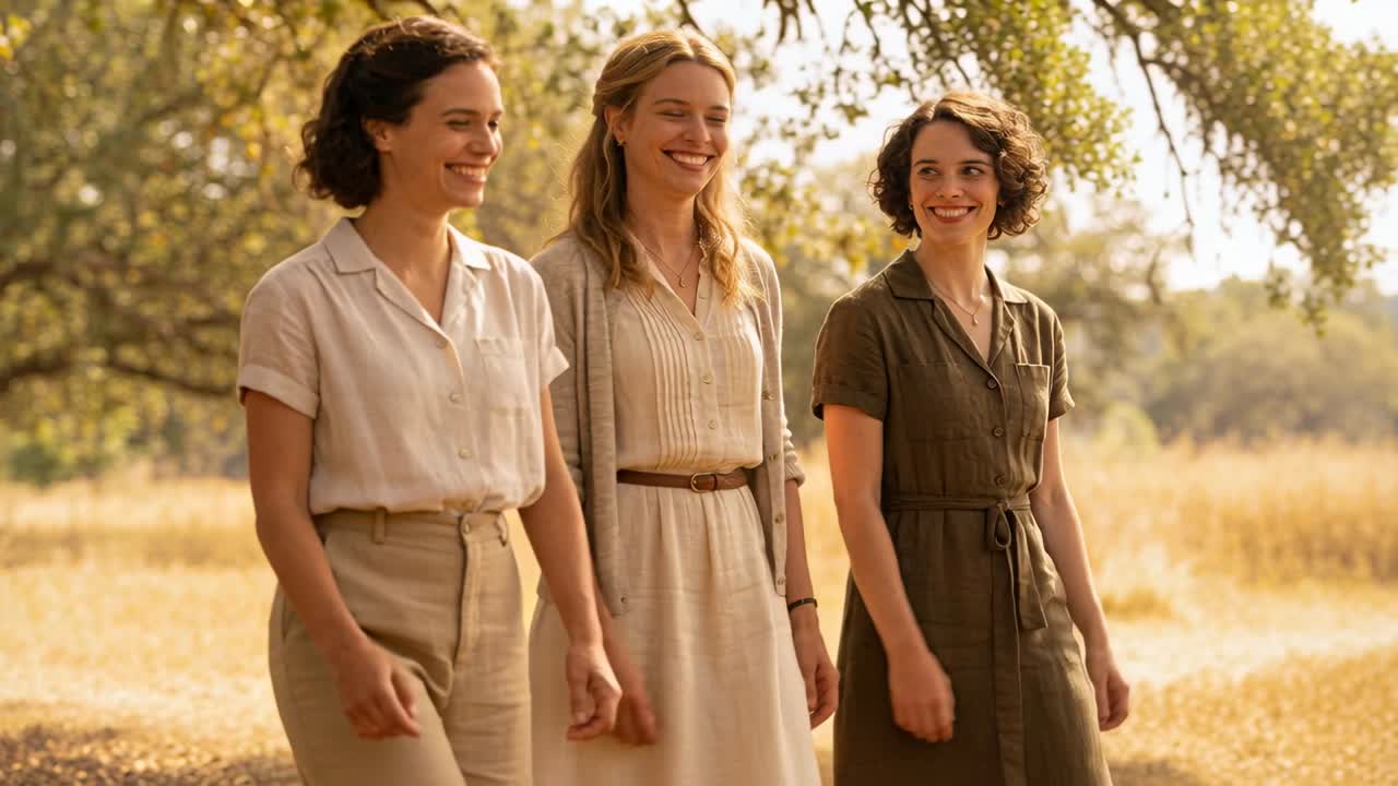 Donna sorridente al centro inclina la testa guidando le amiche in abito, camminano sotto un albero scambiandosi sorrisi.
