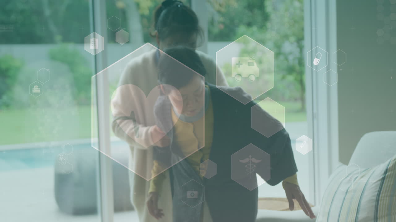 아시아 어머니와 성인 딸 위에 의학 아이콘의 애니메이션