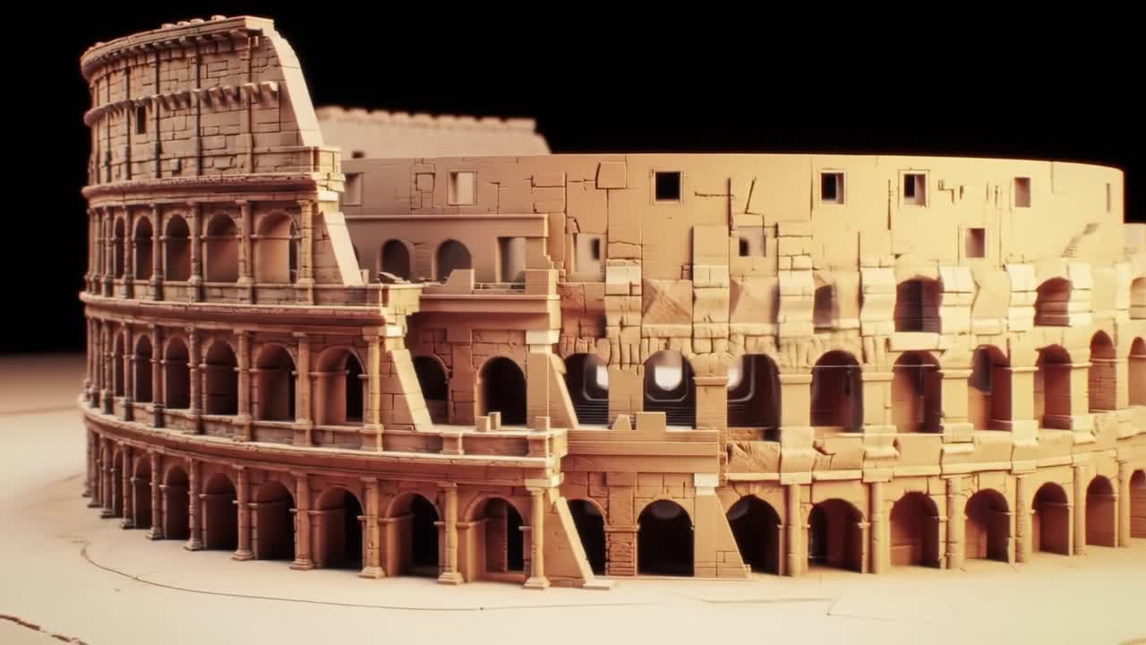 Intricately Crafted Miniature of a Roman Colosseum Showcasing Detailed Architecture and Textures in Stunning Light through Two Distinct Frames
