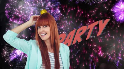 Animation-of-happy-red-haired-woman-celebrating,-over-party-text-and-pink-fireworks