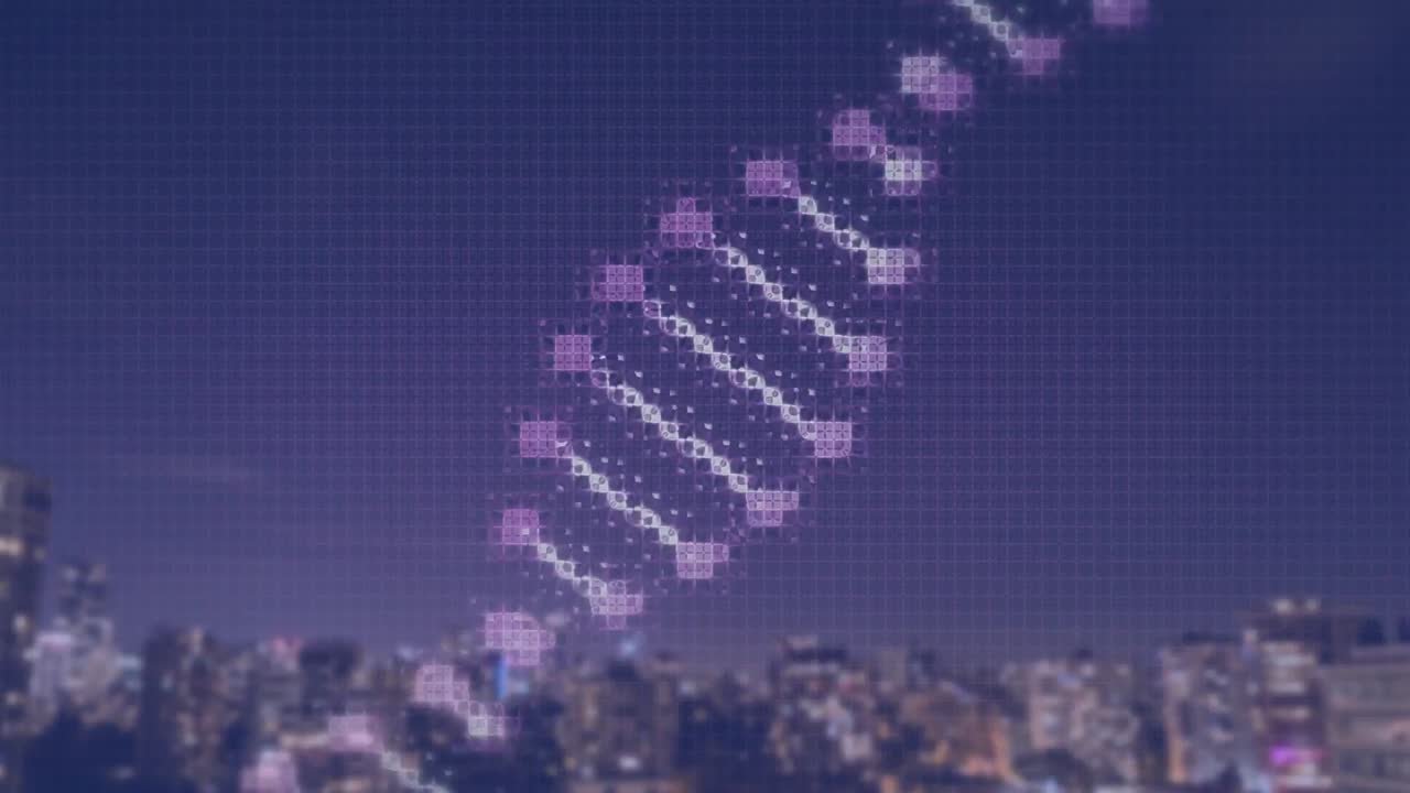 도시 풍경 위의 dna 가닥의 애니메이션