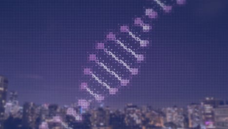 animación de la cadena de adn sobre el paisaje urbano
