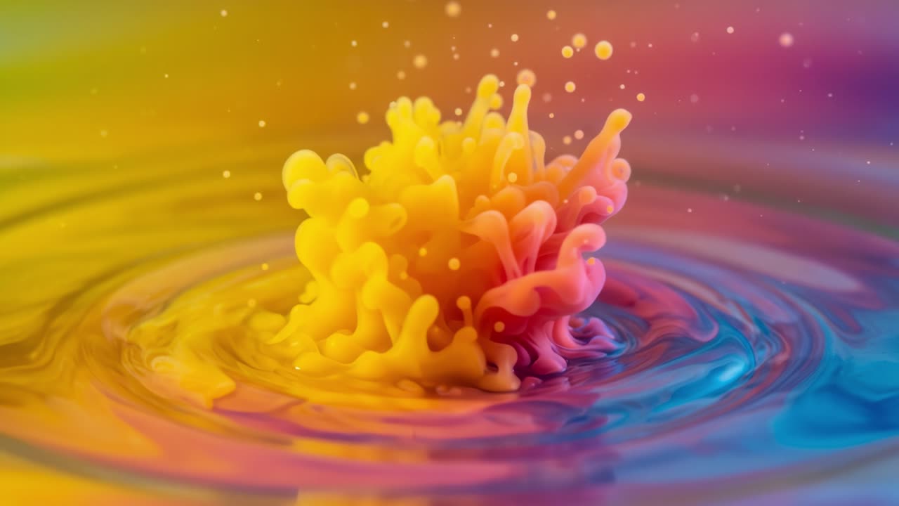 A stunning visual of vibrant, swirling colors creating an abstract splash pattern, captivating the viewer with its dynamic motion and mesmerizing hues in a serene water backdrop
