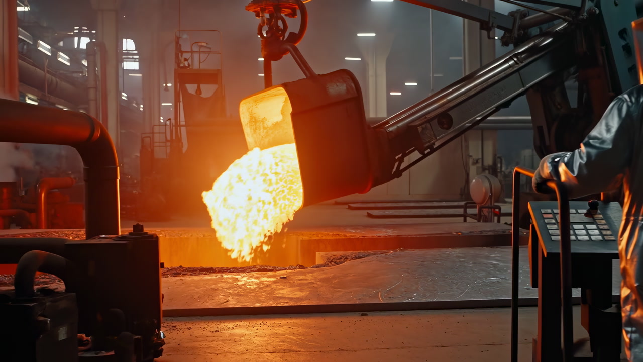 Molten Metal Pouring Into Large Mold, Armored Foundry Operator In Aluminized Suit Guides Crucible