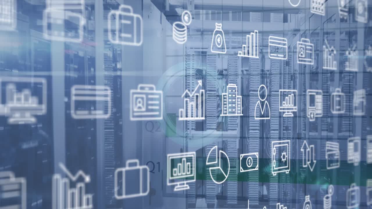 animación de múltiples iconos sobre el reloj digital contra los bastidores del servidor en segundo plano