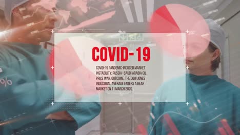 covid-19 text banner and statistical data processing against male and female surgeon discussing