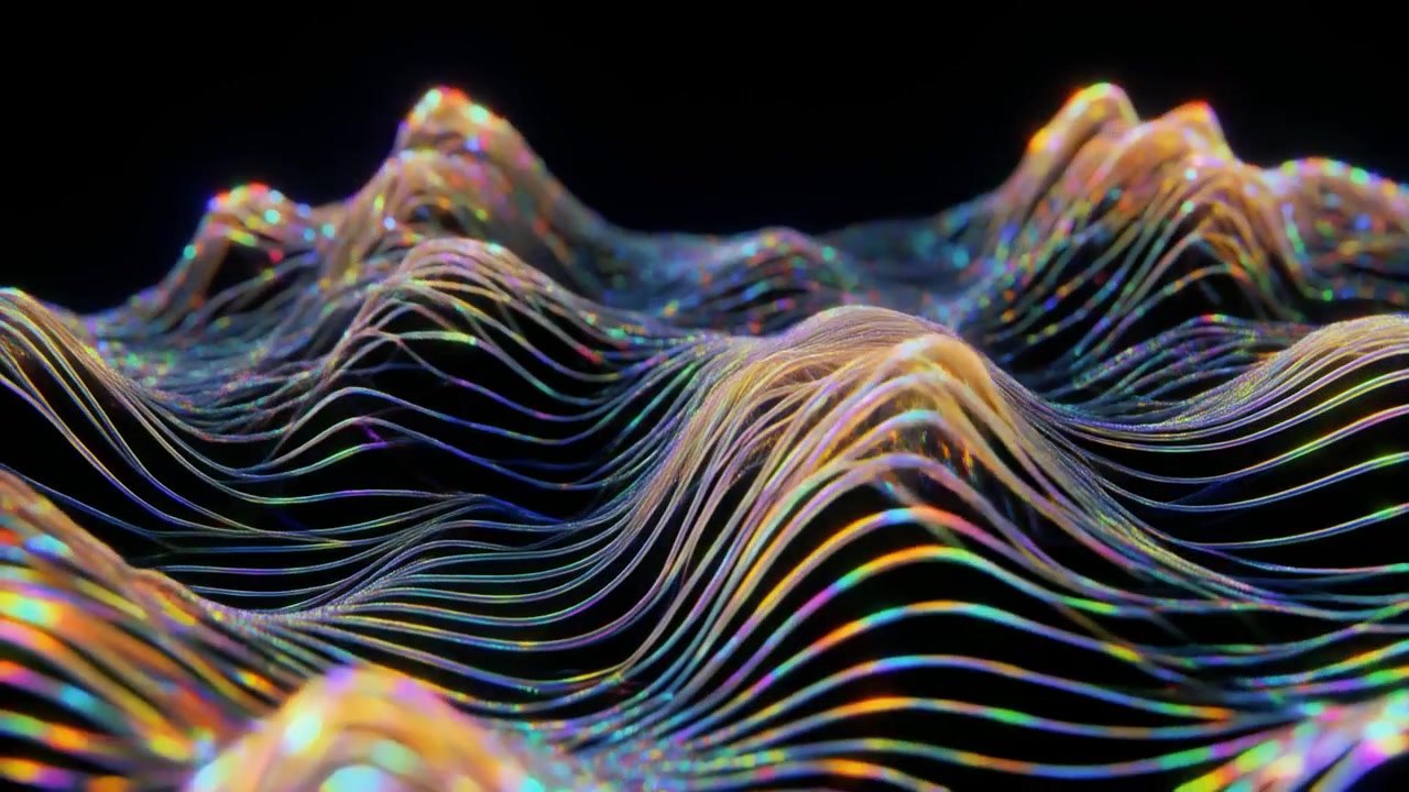 Abstract Digital Waves with Iridescent Lines and Shimmering Particles