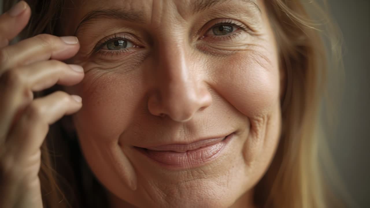 Smiling woman shifting gaze, raising right hand to tuck hair at ear in soft-lit room, earring