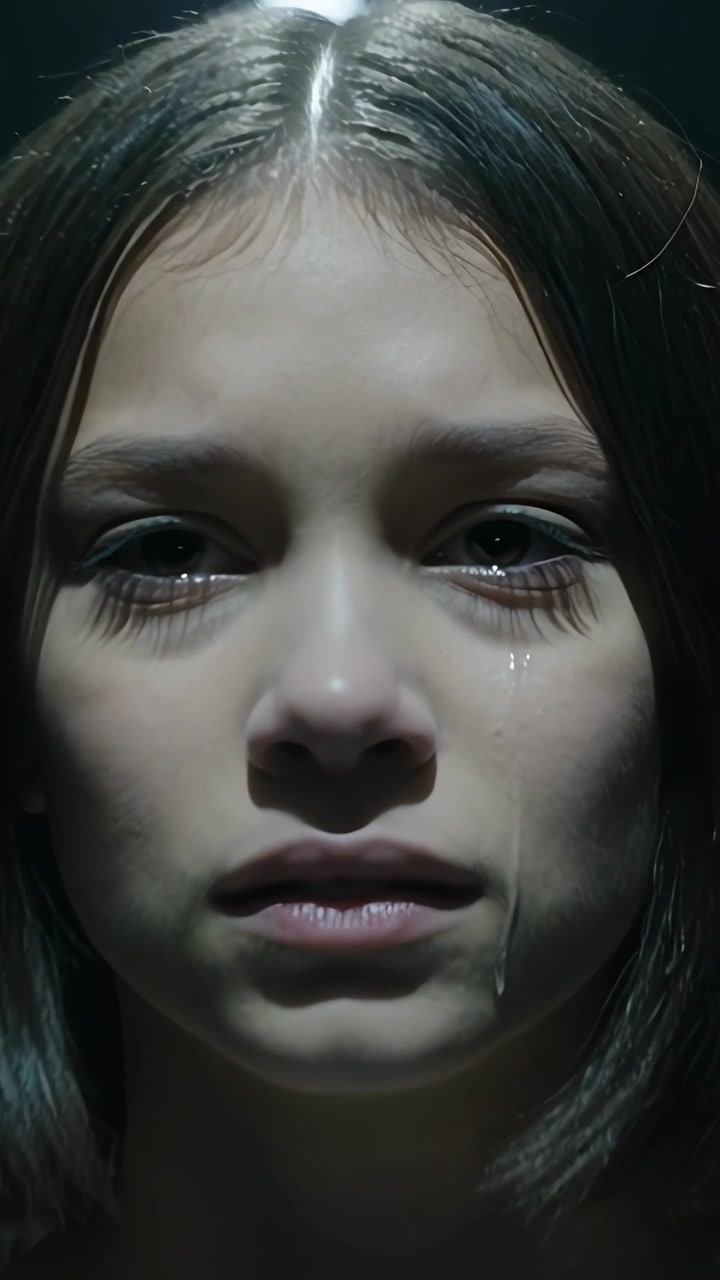 Video verticale: Adolescente che piange per la telecamera in studio mentre la telecamera zooma, mostrando le lacrime, senza spalline, luce a striscia