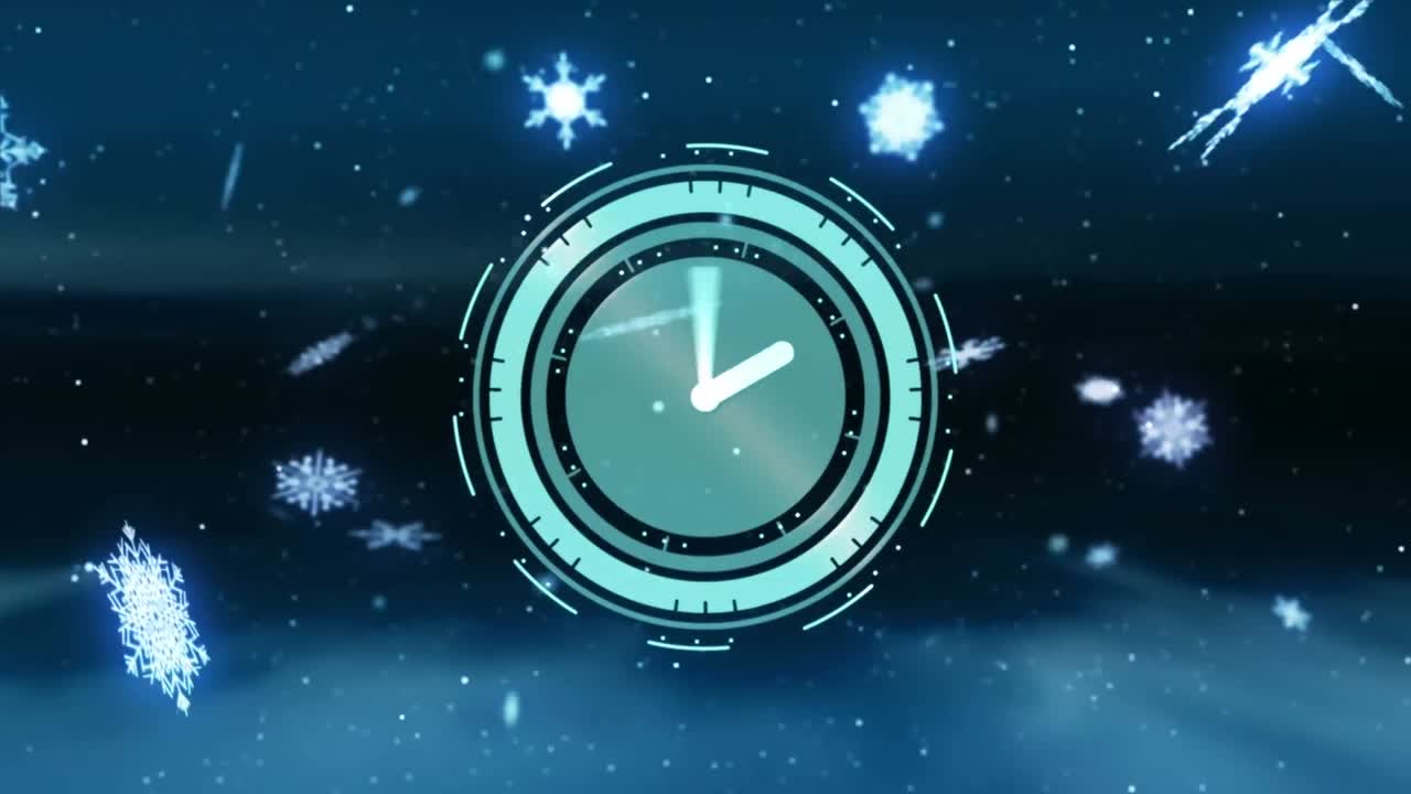 검은 바탕에 내리는 눈 위에 움직이는 손을 가진 시계의 애니메이션
