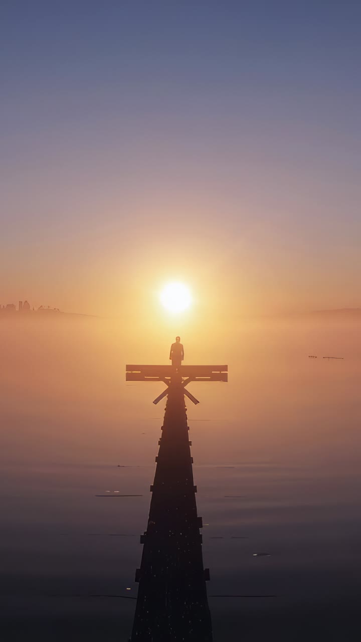 Video verticale: Adulto singolo seduto, con un cappotto, che osserva il sole sorgere sull'acqua dal molo, nella nebbia.