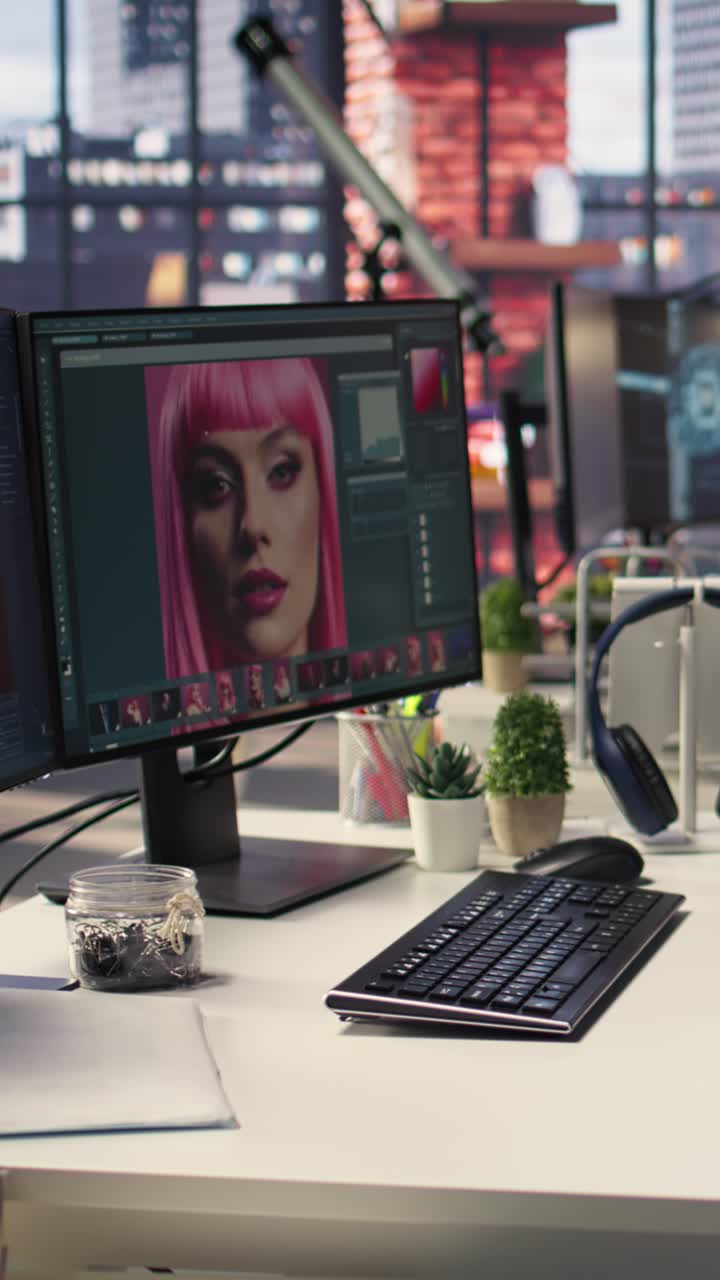 Vertical Video Organized creative workspace for graphic designers and photographers