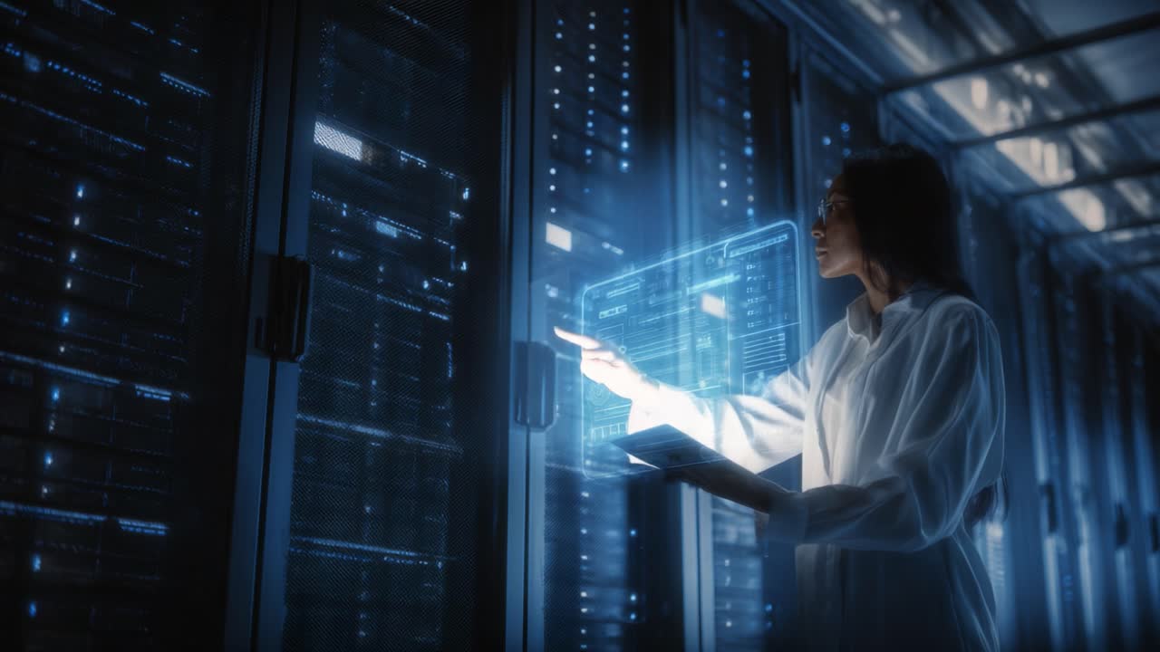 An expert in a lab coat interacts with digital technology in a high-tech data center, showcasing advanced data management and analysis through interactive holographic displays