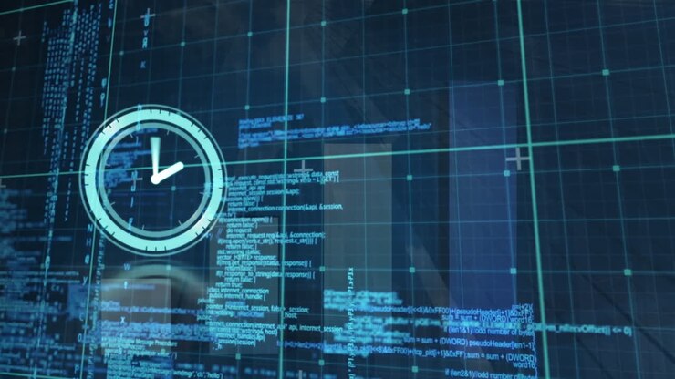 Animation of clock ticking over data processing on grid