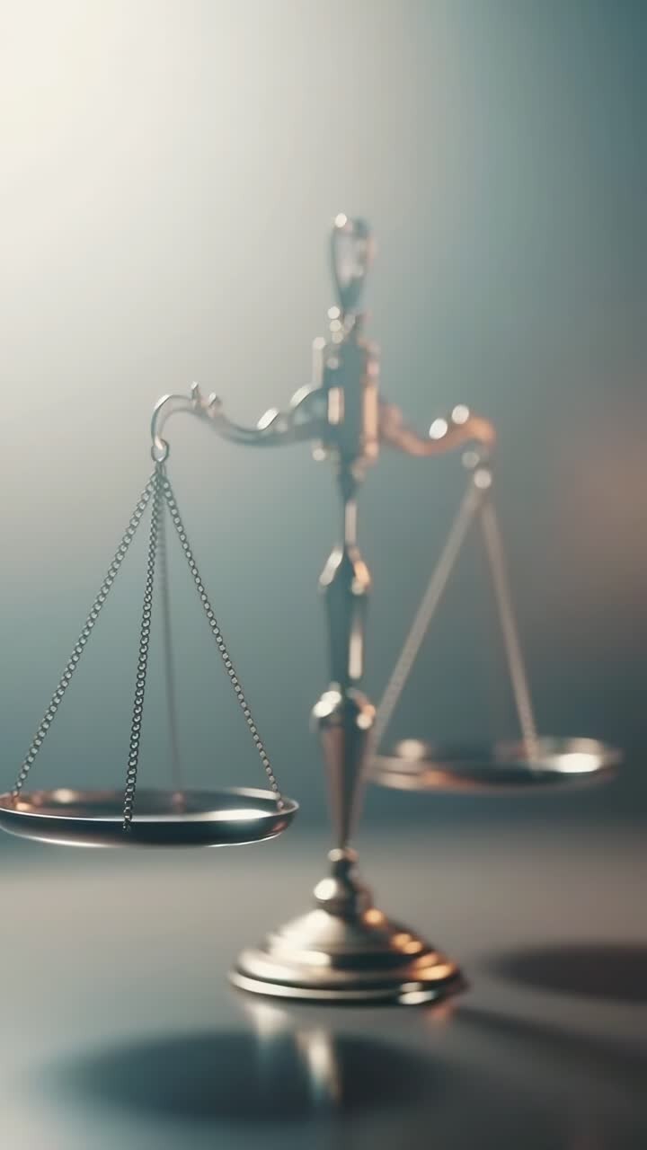 Video ravvicinato con angolazione laterale di una bilancia in equilibrio, che simboleggia la giustizia, con messa a fuoco morbida.