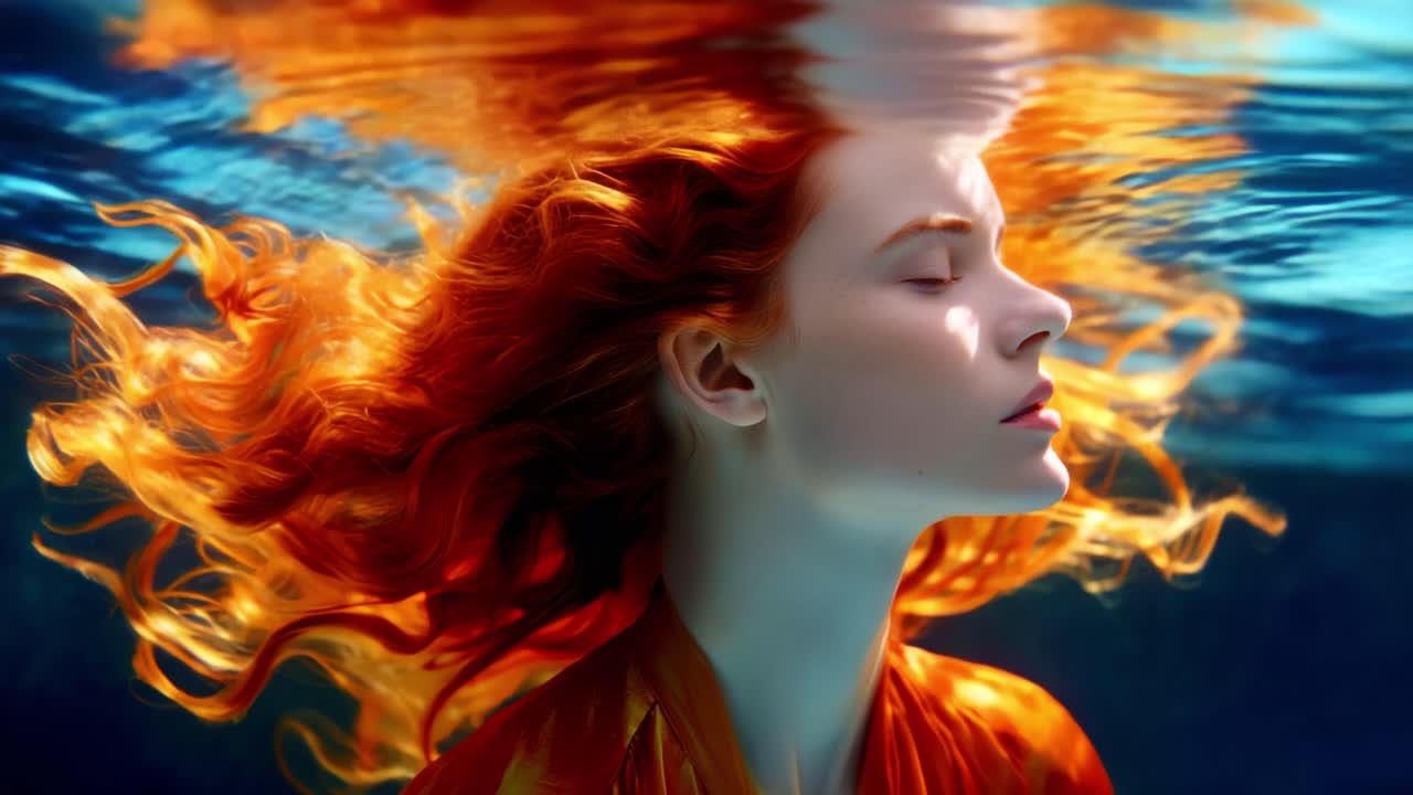 A Captivating Underwater Portrait of a Serene Figure with Flowing Red Hair and an Ethereal Glow, Surrounded by Enchanting Water Reflections and Notes of Tranquility