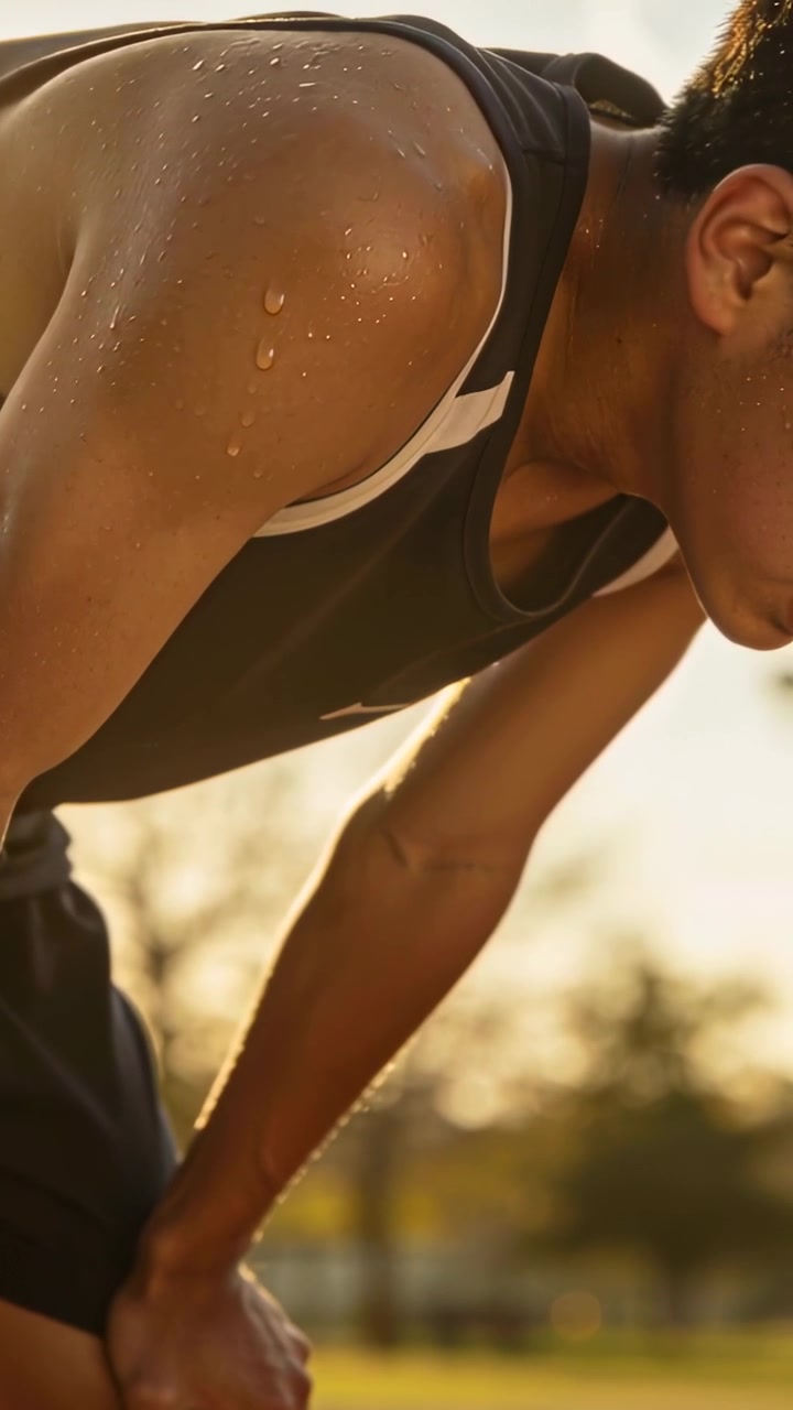 Vídeo vertical: Atleta fazendo uma pausa de regata preta após a corrida, segurando o joelho, ofegante no parque com suor