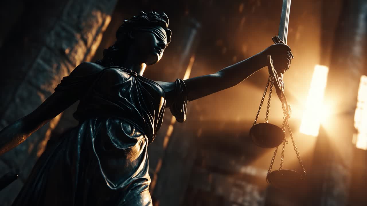 A Majestic Representation of Justice: A Blindfolded Lady Holding Scales Surrounded by Radiant Light in a Historic Setting