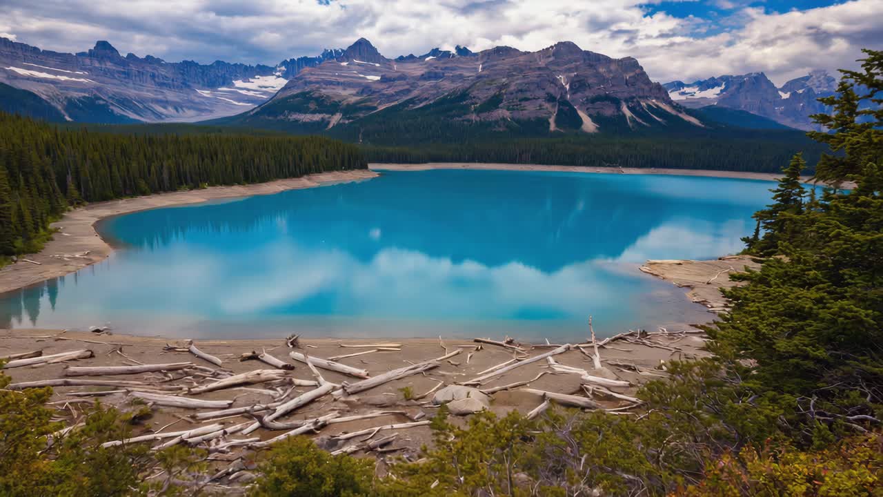 A panoramic view of a vibrant turquoise lake surrounded by a pine forest and majestic mountains