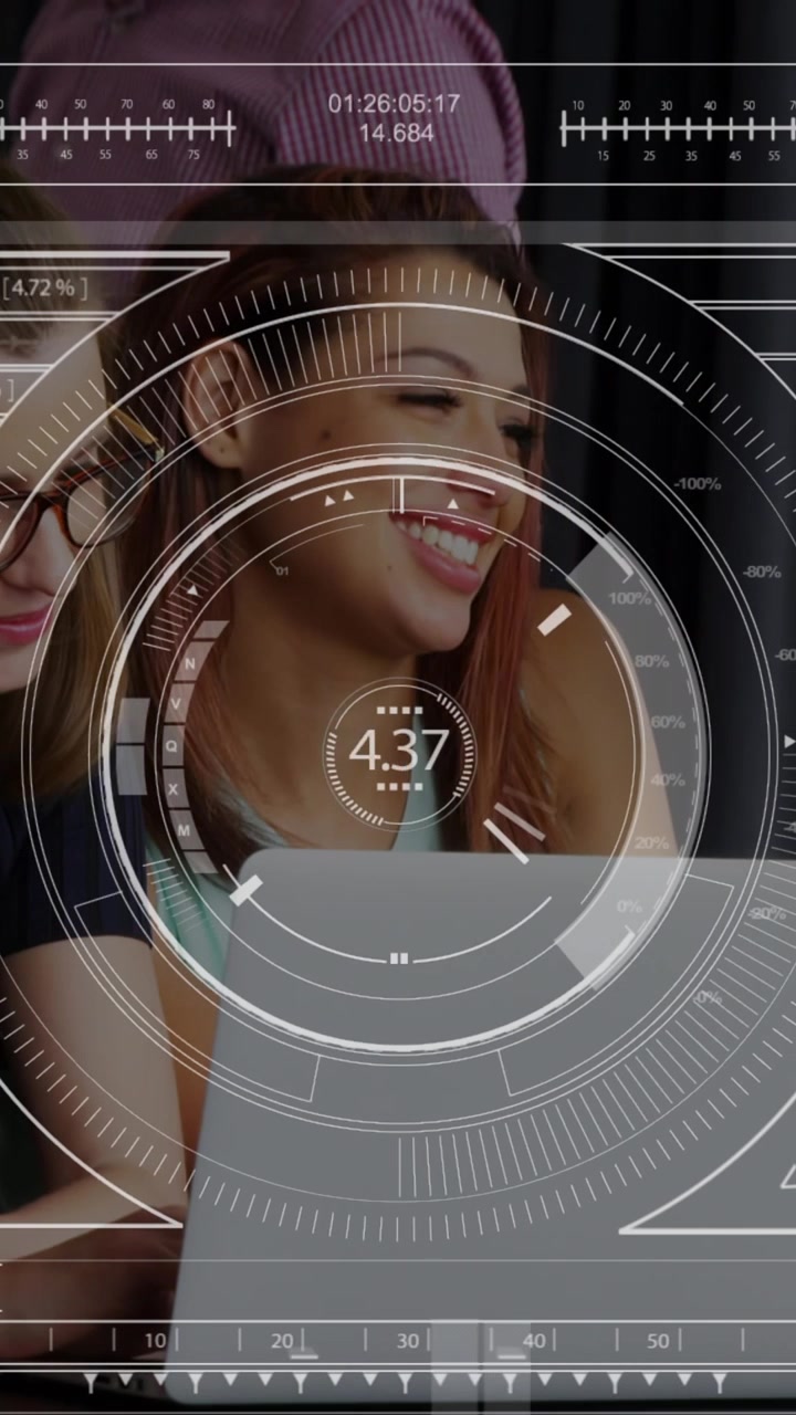 Animation of digital screen with diverse data over diverse female and male coworkers in office