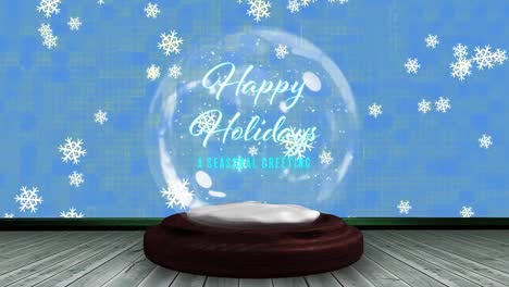 Animation-of-christmas-season's-greetings-text-in-snow-globe-and-shooting-star-on-blue-background