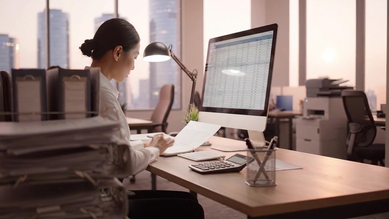 Focused Professional Working at Desk with Computer and Financial Documents in Modern Office Set Against a Stunning City Skyline During Sunset Hours