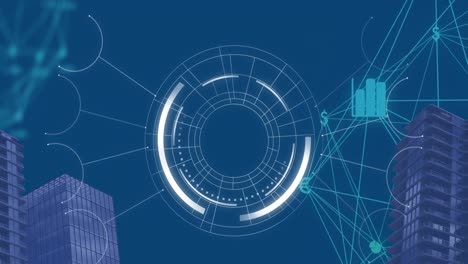 animation of financial data processing over cityscape