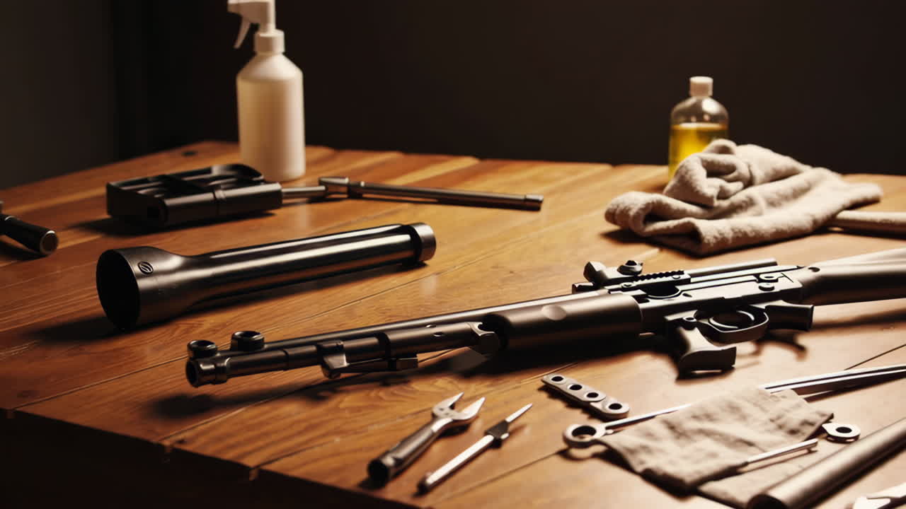 Disassembled Rifle and Repair Tools on a Wooden Table
