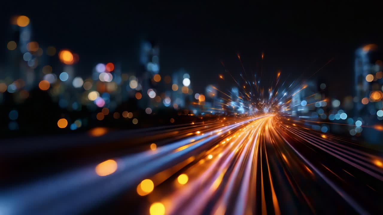 Motion dinamico e scie luminose catturano l'essenza della velocità urbana in un paesaggio notturno cittadino con vivaci effetti bokeh ed elementi sfocati in primo piano e sullo sfondo.