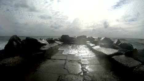 dyke protection with concrete groins, breakers, north sea, denmark, 4k