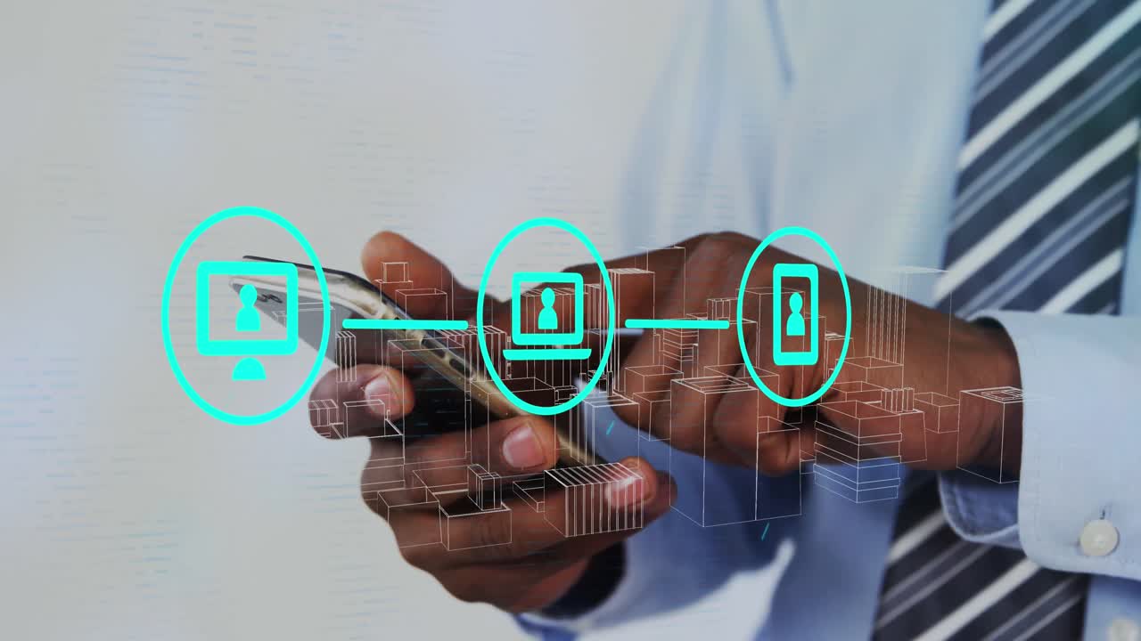 animación de iconos de telecomunicaciones y rascacielos con un empresario afroamericano usando el teléfono