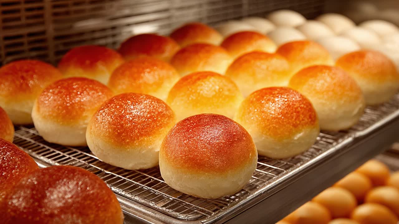 Freshly Baked Bread Rolls Arranged Neatly in a Bakery Display, Showcasing a Golden Brown Crust and Soft Interior for Customers to Enjoy