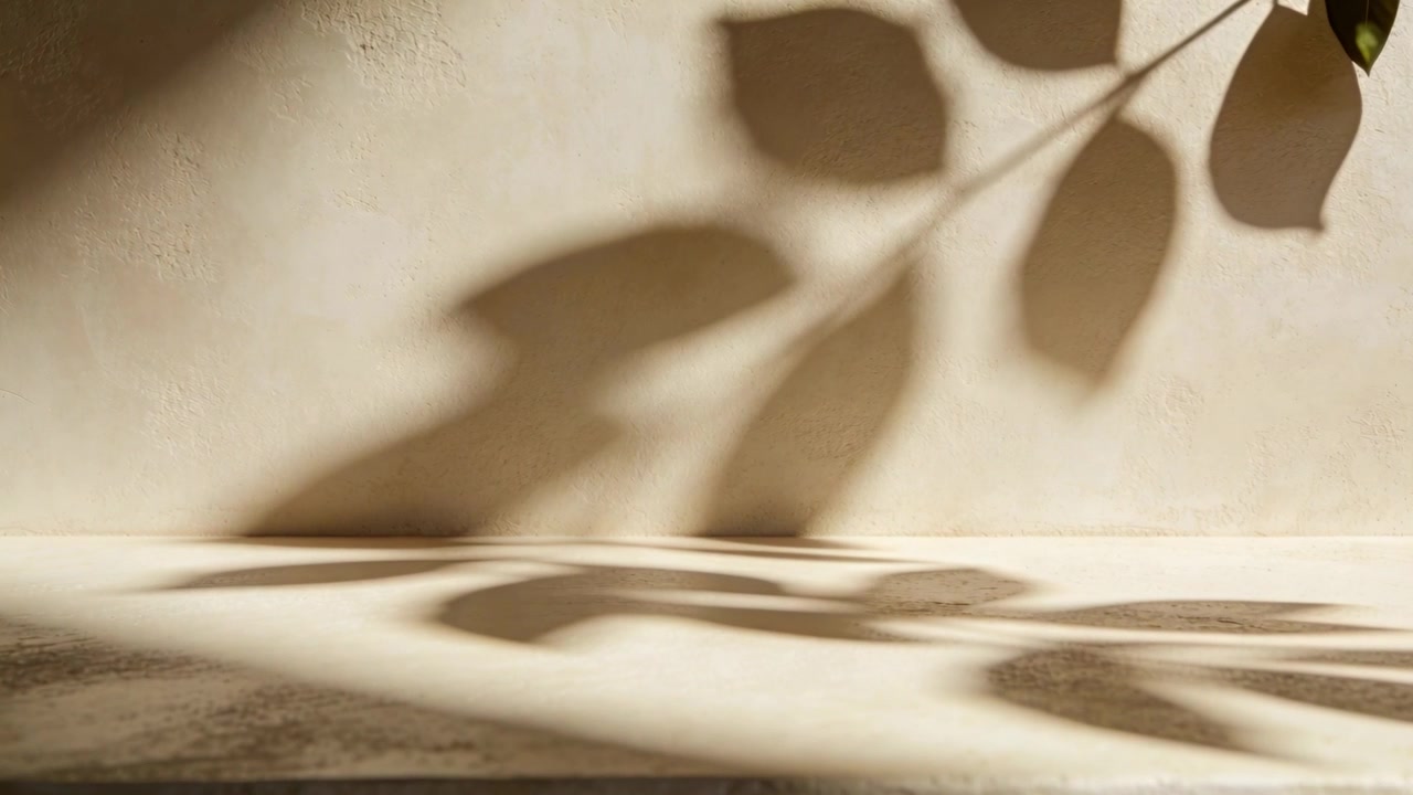 Casting leafy branch shadow shifting across textured beige plaster wall and ledge by sunlight