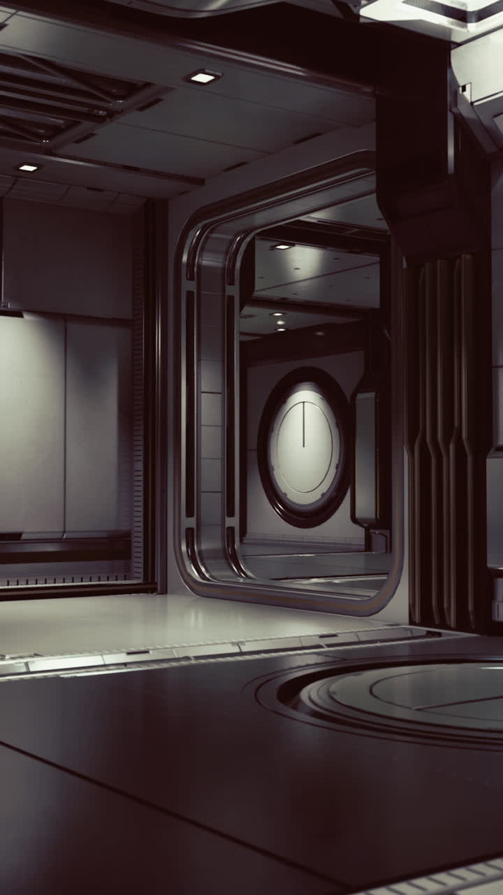 Futuristic interior of a space station featuring sleek metallic designs