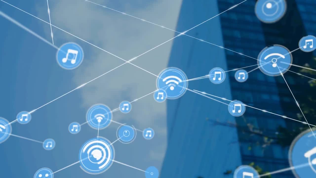 Animation of growing network of connected media icons, over blue interface screen