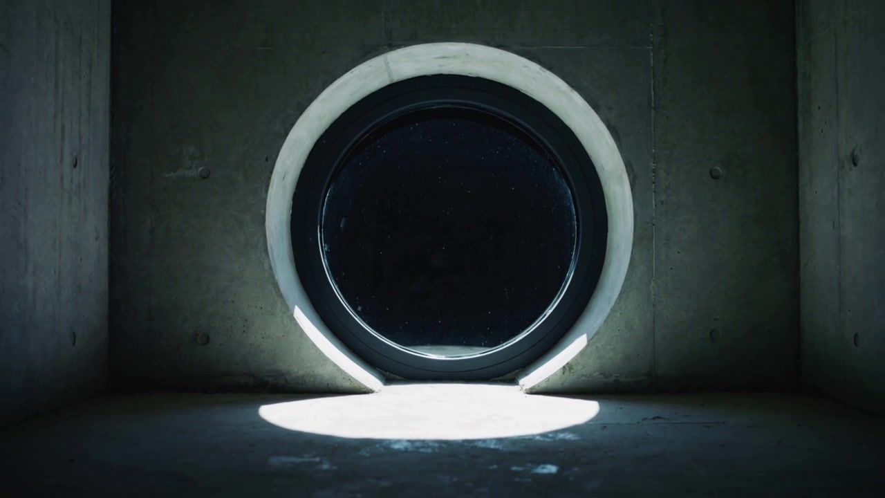 Raggio di sole che entra da un oblò rotondo, proiettando una macchia di luce in movimento sul pavimento, con graffi che mostrano i cunei del bordo.
