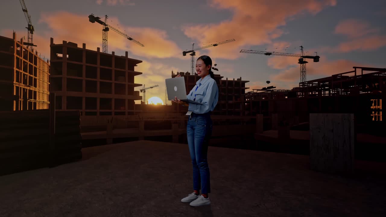 Vista lateral de cuerpo entero de una trabajadora profesional asiática con su portátil en una obra en construcción de una nueva casa. Levanta el puño y grita de alegría después de escribir en el portátil